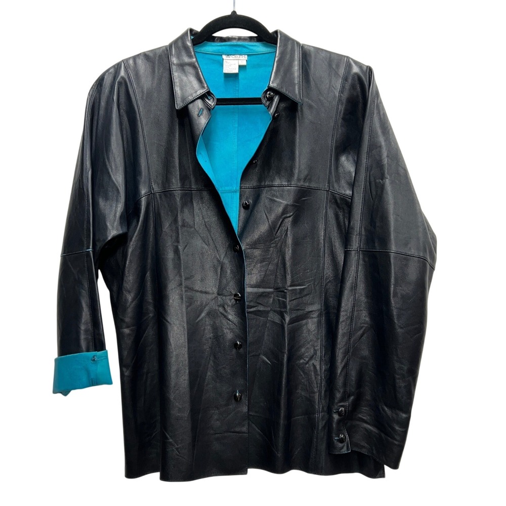 VTG Worth Leather Jacket Womens 12 Black / Teal Button Front